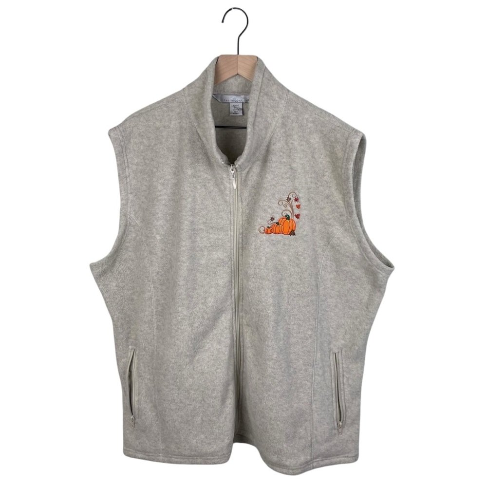 Vintage Tri-Mountain Fleece Vest Women's Size 3XL Beige Pumpkin Embroidered Fall